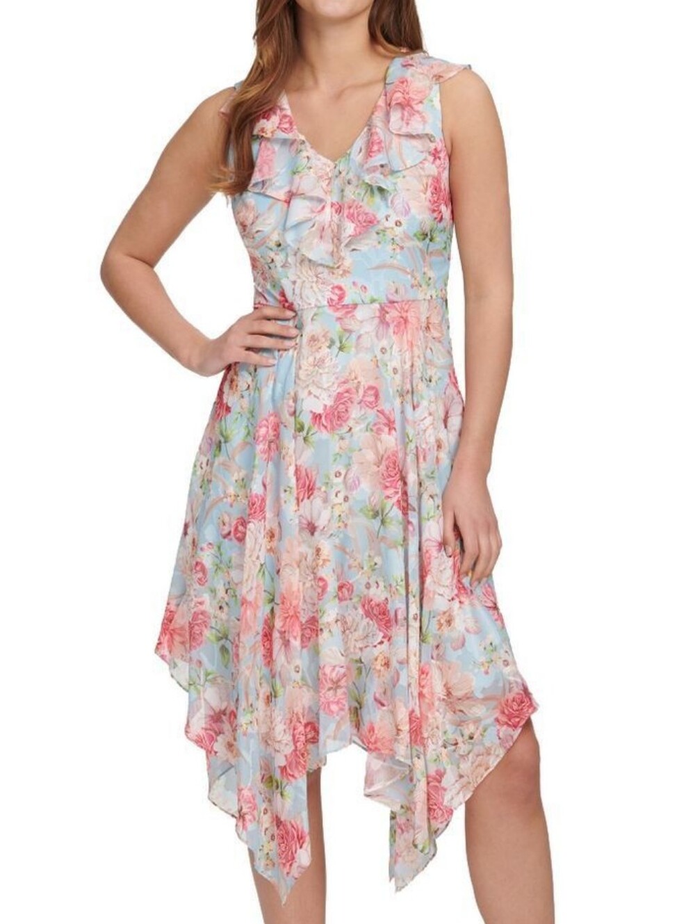 Kensie Floral Handkerchief Asymmetrical Hem Ruffle V-Neck Dress